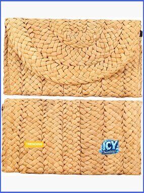 Natural Woven Straw Clutch Purse - Handwoven Boho Handbag with Magnetic Clasp